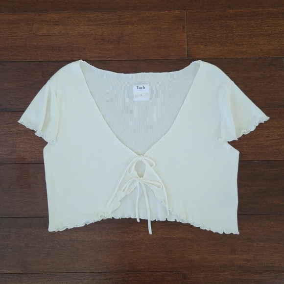 Tach Gaine White Tie-Front Ribbed Flutter Sleeve Crop Cardigan Top Womens Size S - Picture 9 of 9